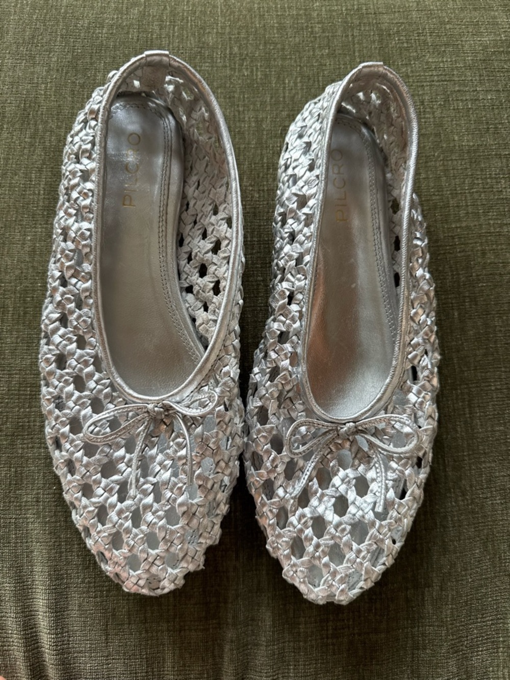Pilcro Metallic Silver Woven Ballet Flats with Bow